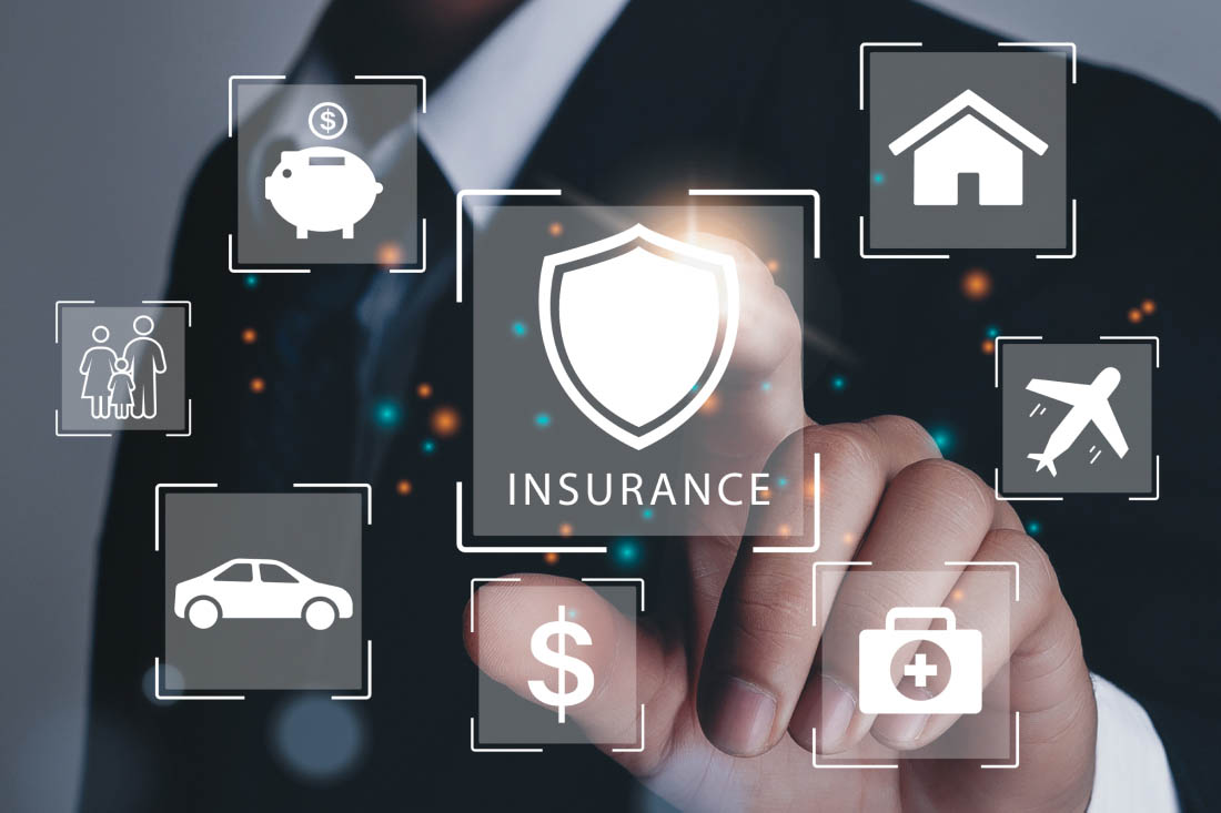 Digital interface showing insurance options like health, car, home and travel.