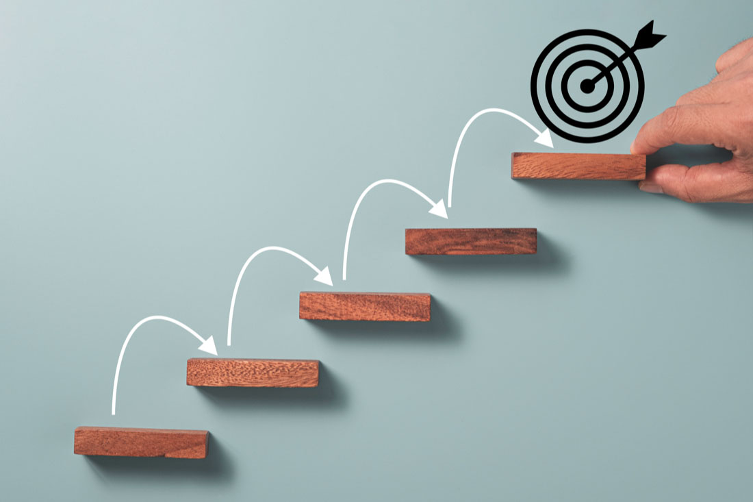 Steps going up with arrows moving from one to the other towards a bullseye to signify the benefits of productivity management techniques.