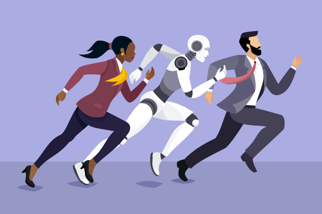 Businesswoman, robot, and businessman running together.