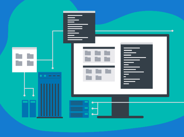 A computer with gray lines going to servers, a cpu, file folders and papers, showing remote workforce management software.